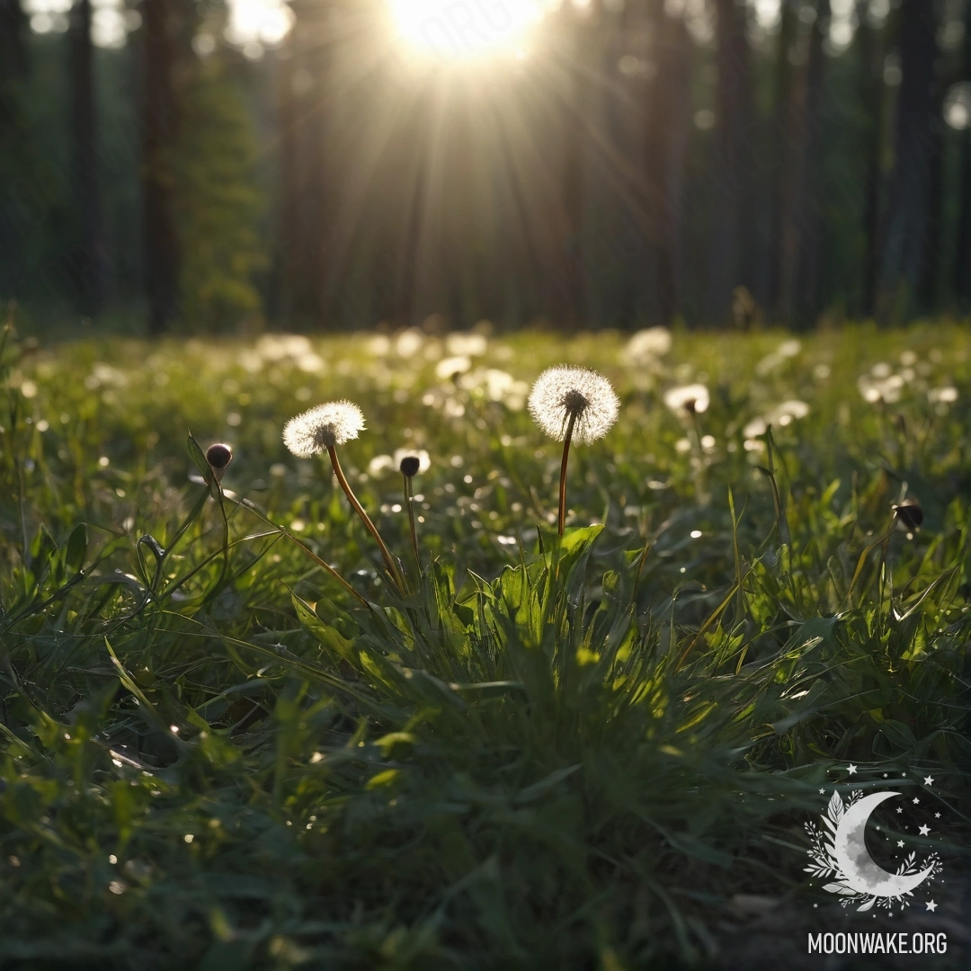 Близкий план одуванчиков в мирном поле, освещённых мягкими солнечными лучами, с размытым лесом на фоне в ночное время.