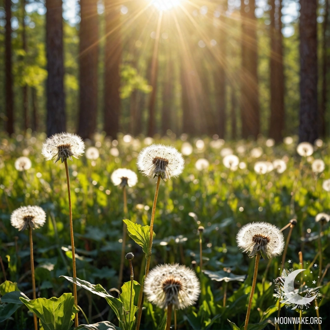 Крупный план одуванчиков в мирном поле с размытым лесом на заднем плане, освещённым солнечными лучами.