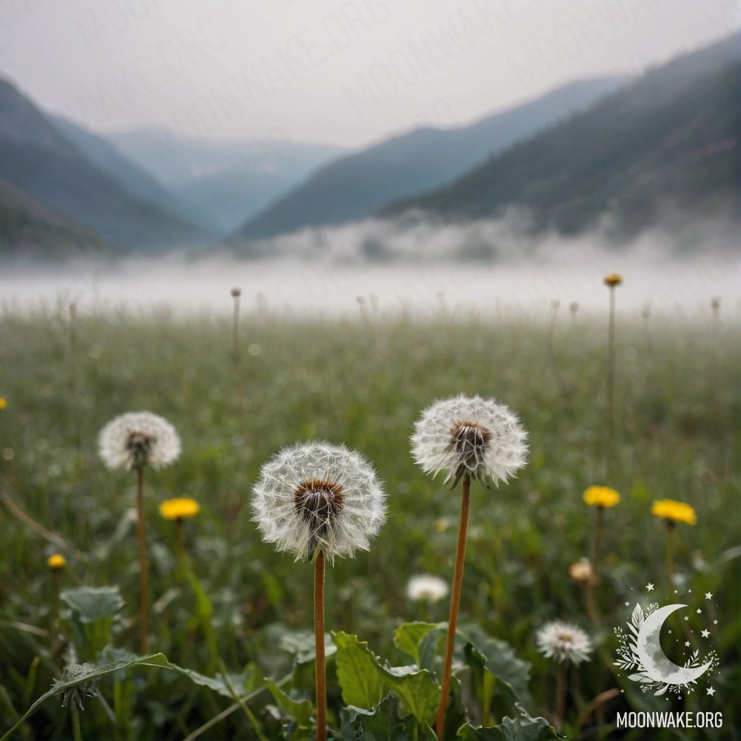 Крупный план одуванчиков на мирном поле с туманными горами в фоне.