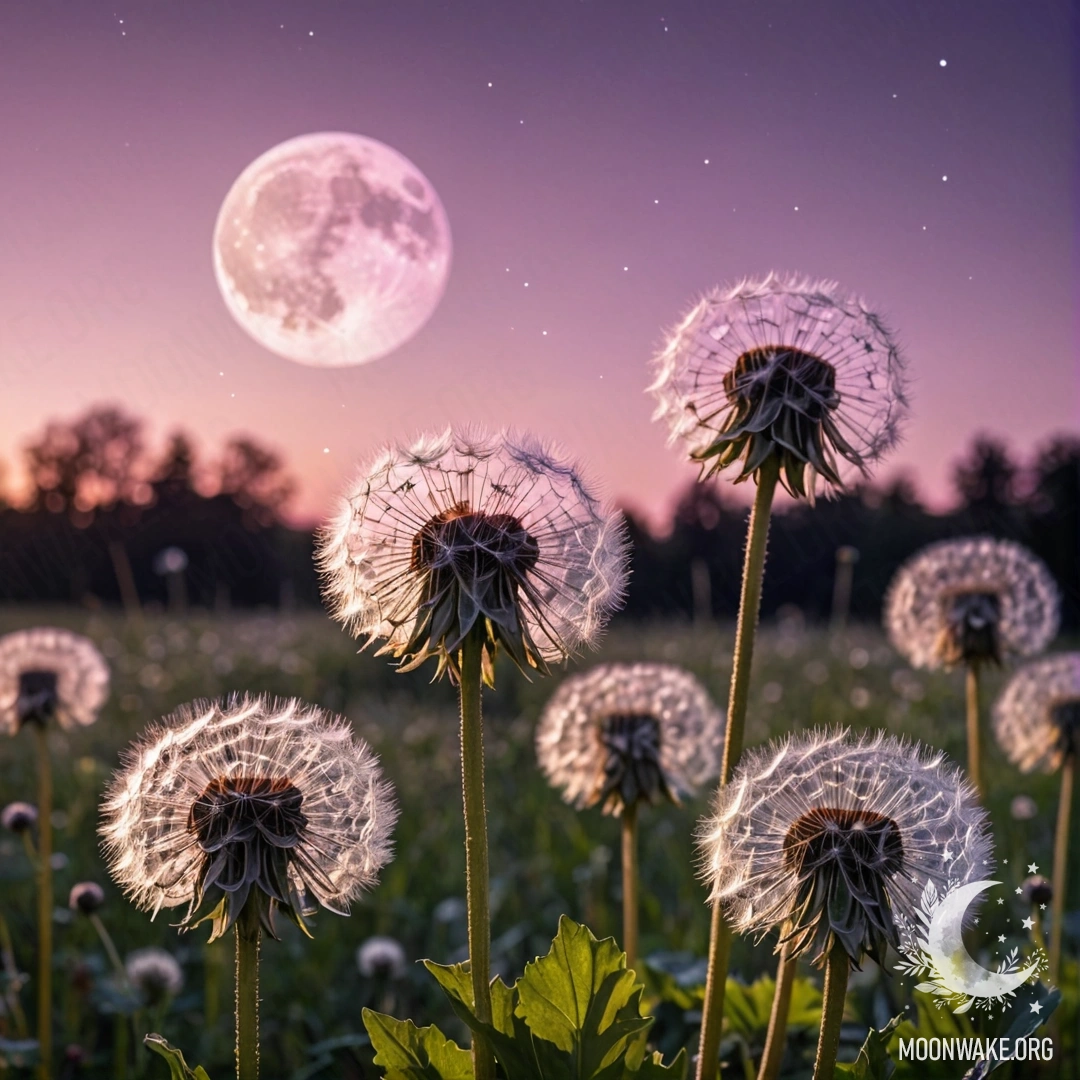 Ближний план одуванчиков на безмятежном поле под розово-фиолетовым небом с луной.