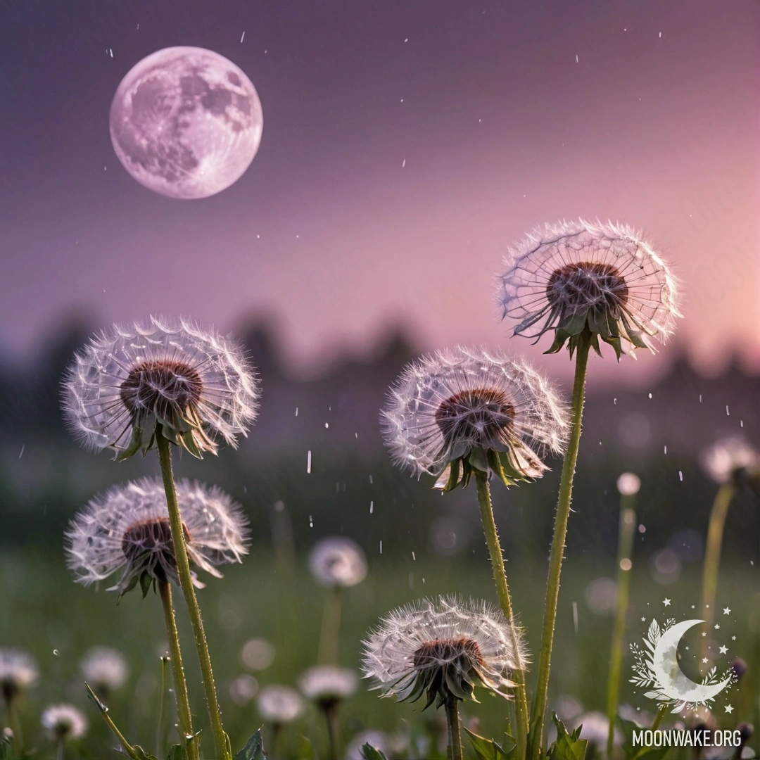 Крупный план одуванчиков на мирном поле с розово-фиолетовым небом и луной на заднем плане.