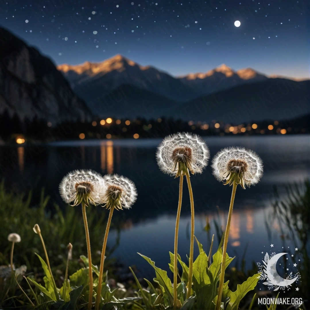 Крупный план одуванчиков в мирном поле с эффектом боке горного озера ночью.