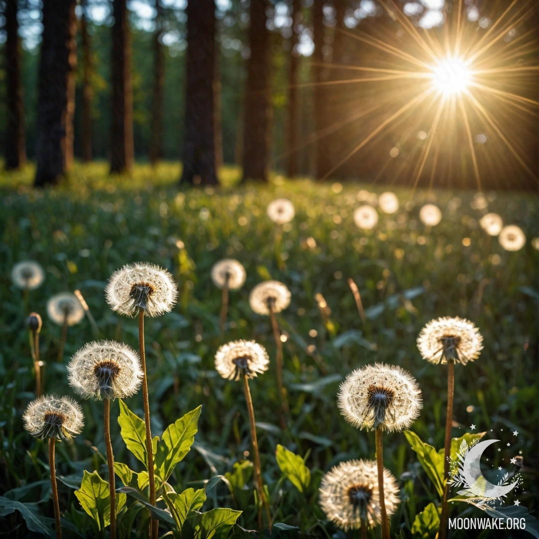 Крупный план одуванчиков на поле с размытым фоном леса, освещенными лучами лунного света.