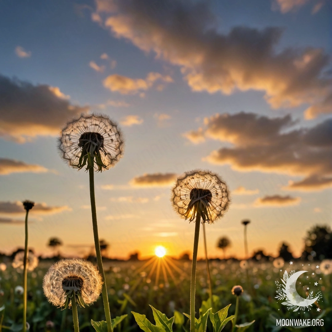 Крупный план одуванчиков на фоне размытого неба с облаками при закате.