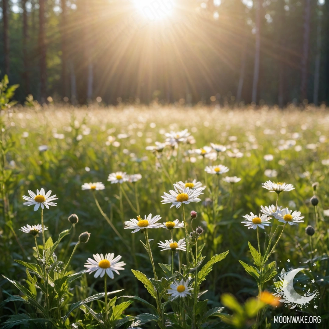Крупный план разнообразных цветов на мирном поле с размытым фоном леса и солнечными лучами, пробивающимися сквозь деревья
