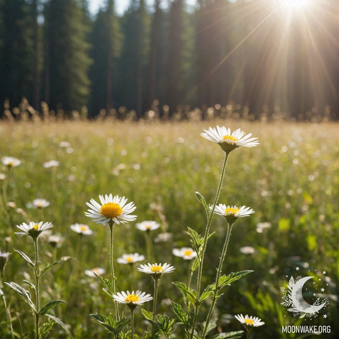 Крупный план ярких цветов на тихом поле с размытым фоном леса в солнечный день.
