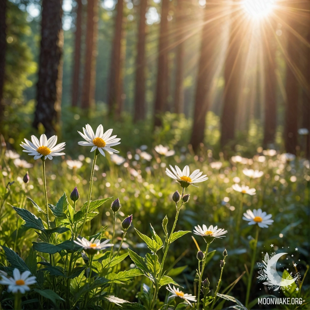 Крупный план мирных полевых цветов на фоне размытого леса, сквозь который пробивается солнечный свет.
