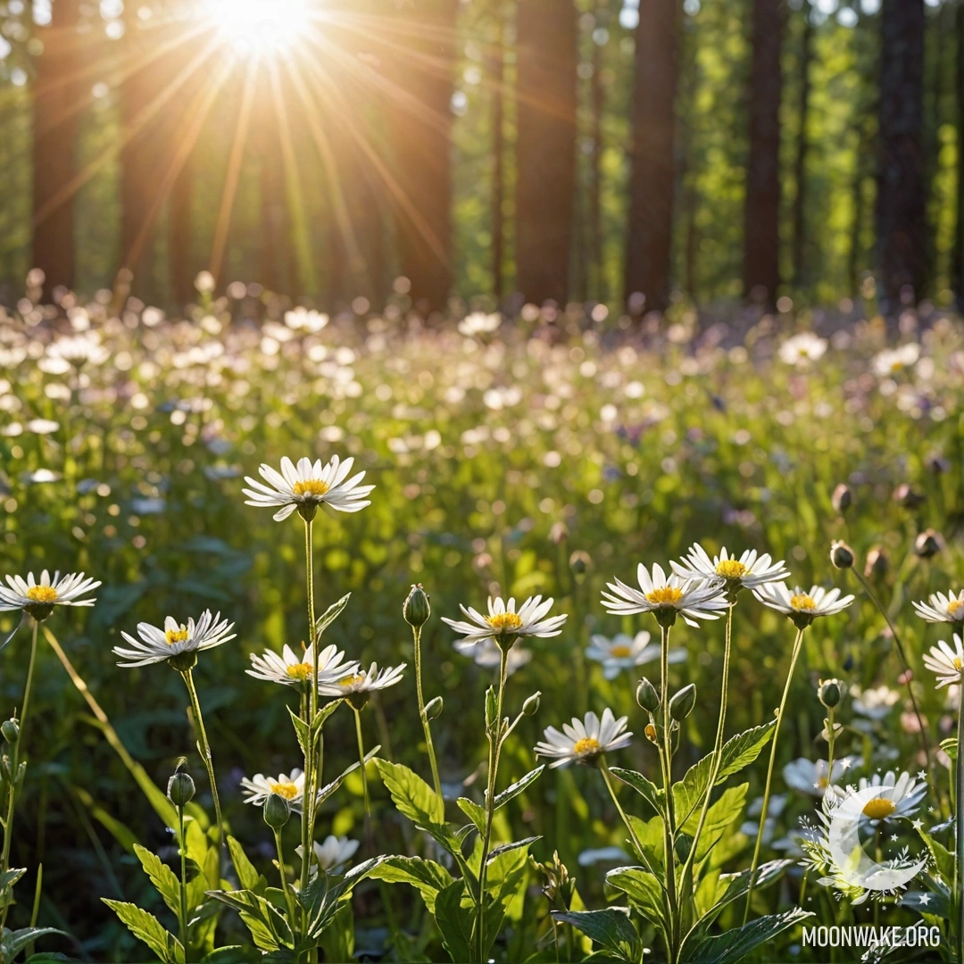 Крупный план полевых цветов на фоне размытого леса с солнечными лучами