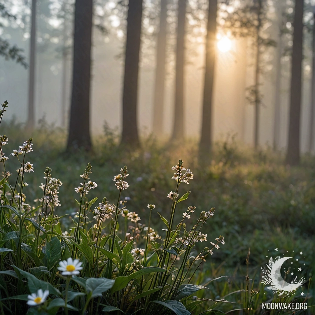 Крупный план ярких цветов на безмятежном поле с лесным боке и солнечными лучами, пробивающимися сквозь густой туман.