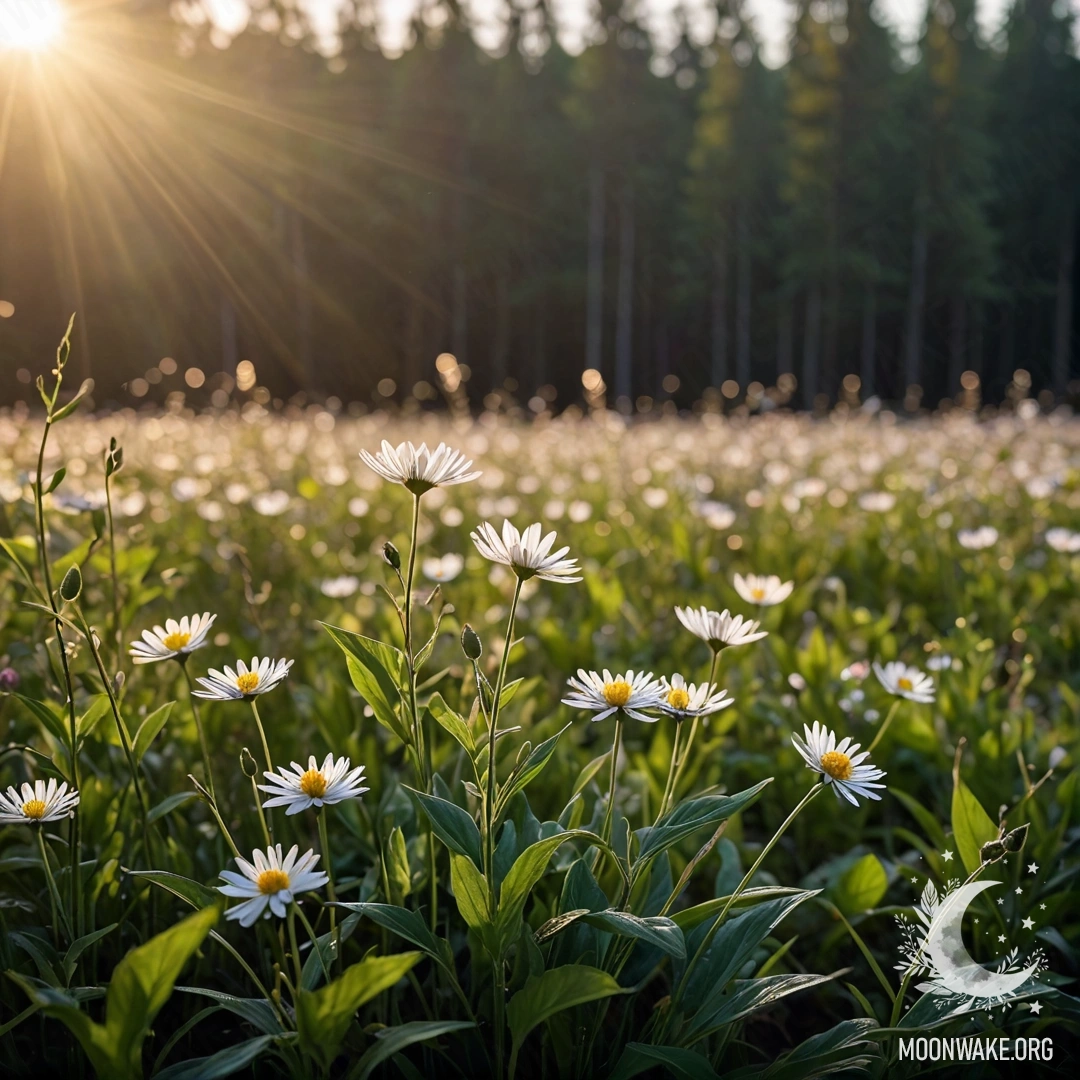 Крупный план цветных цветов на мирном поле с мягким боке от леса и нежными солнечными лучами, освещающими ночное небо.