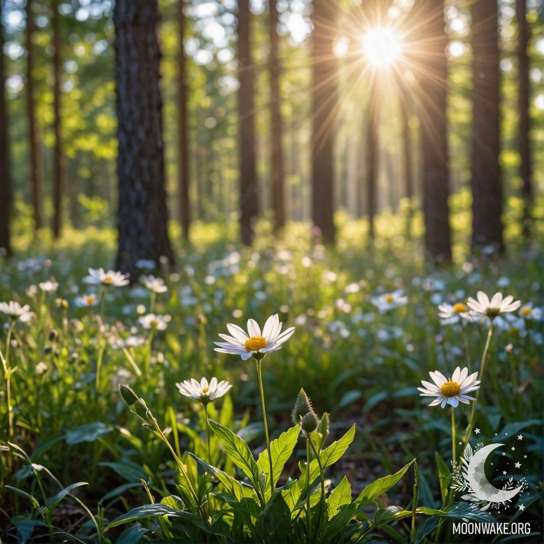 Крупным планом тихие полевые цветы на фоне леса с боке и солнечными лучами.