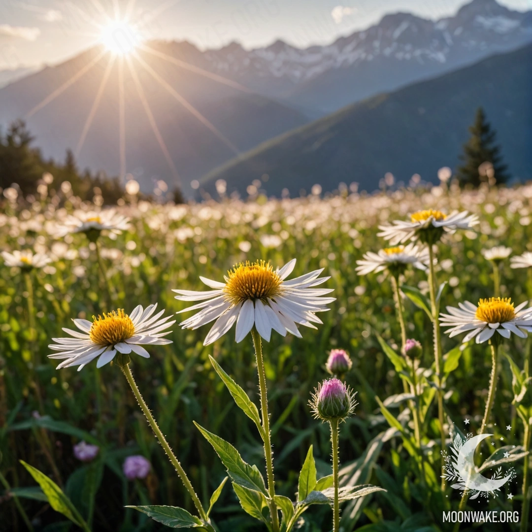 Крупный план ярких цветов на спокойном поле с размытыми горами на заднем плане.