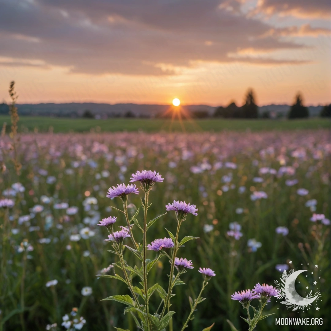 Крупный план мирного поля цветов на фоне размытого неба с облаками на закате.