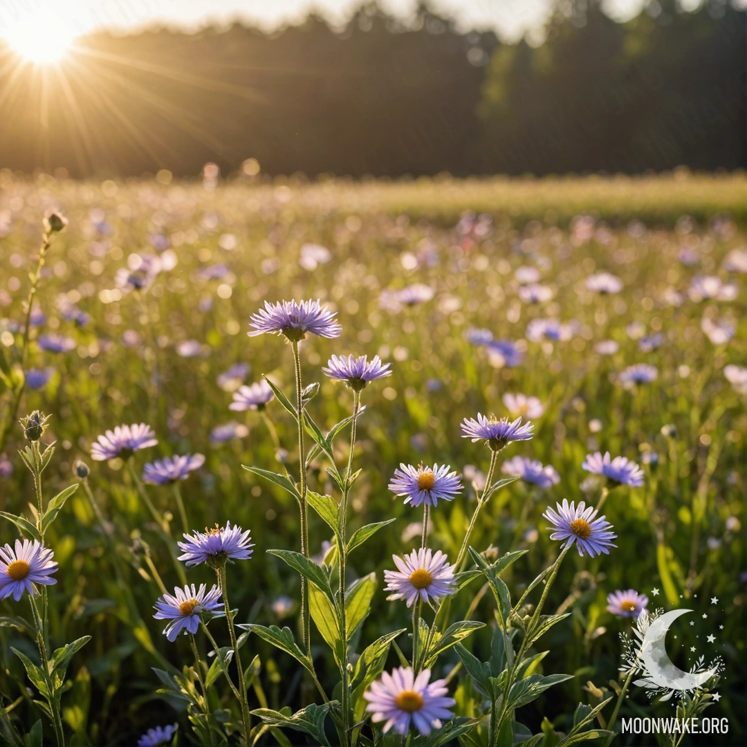 Крупный план цветных цветов на спокойном поле, с мягким боке и солнечными лучами, пробивающимися сквозь листву