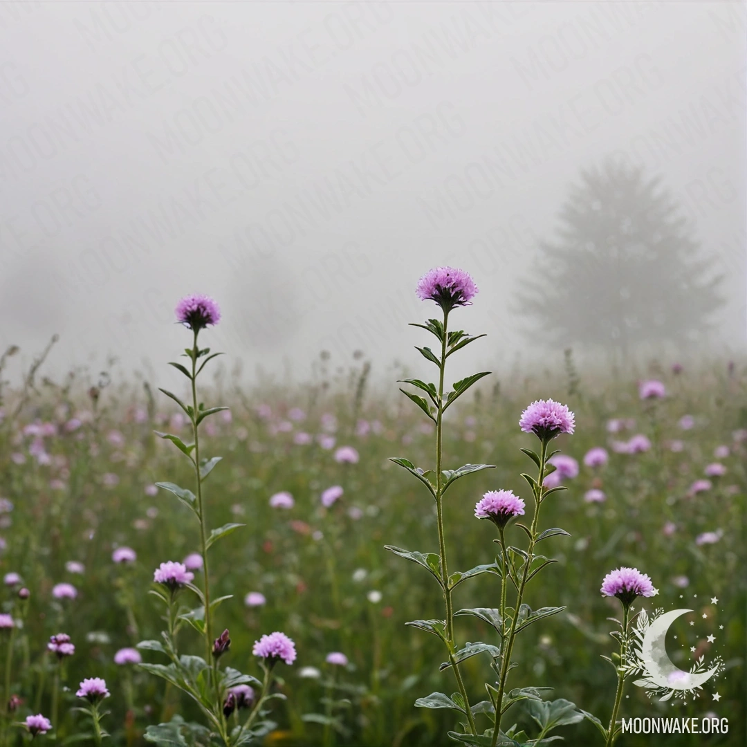 Крупный план поля цветов с размытым небом на фоне, окутанного густым туманом.