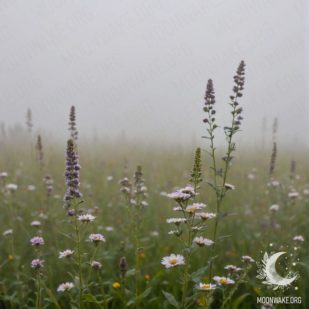 Крупный план цветов на поле с размытым небом в густом тумане.
