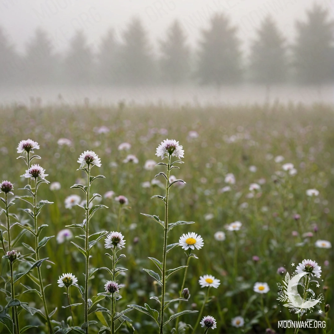 Крупный план нежных цветов на поле, окруженный густым туманом.