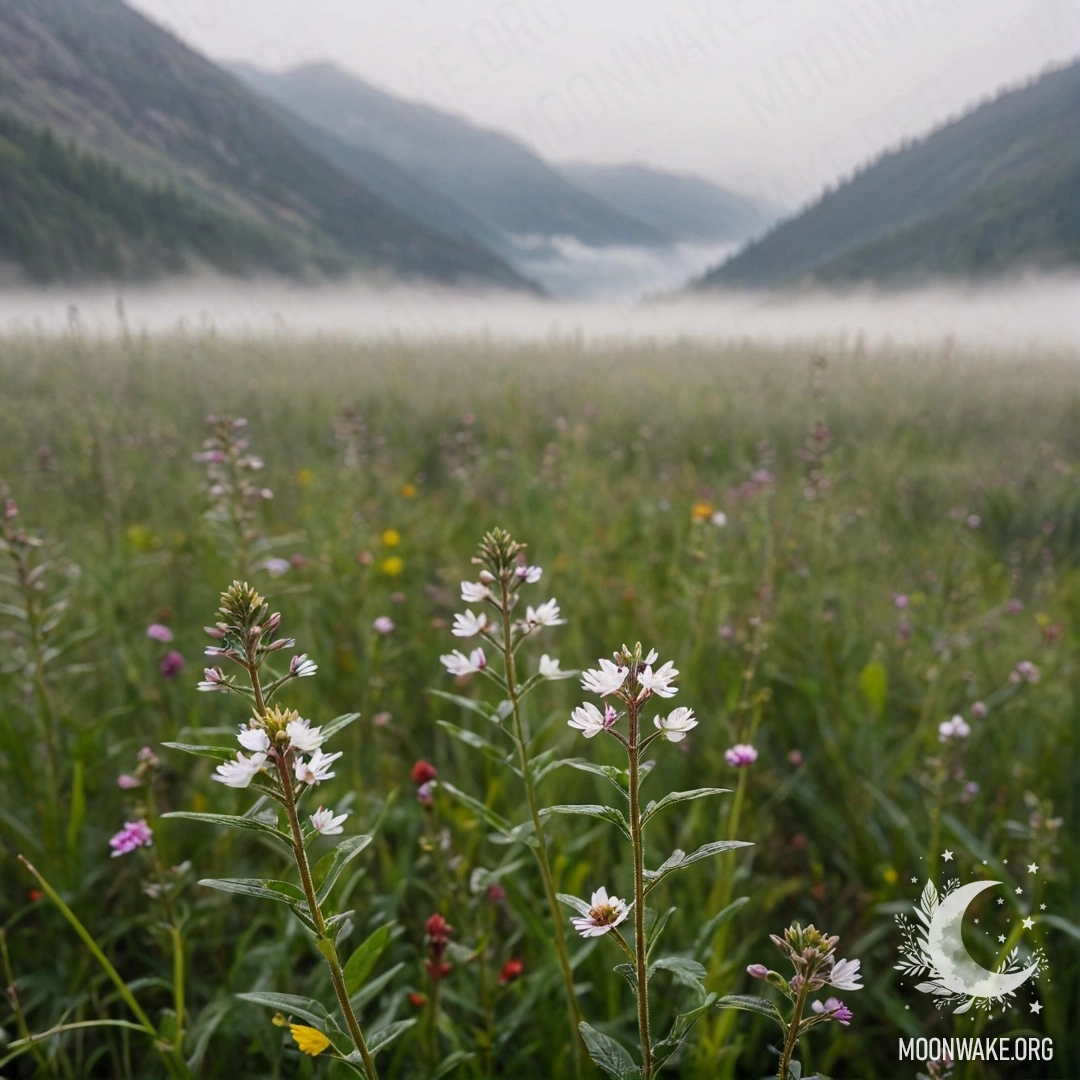 Крупный план цветных цветов на поле с туманными горами на фоне