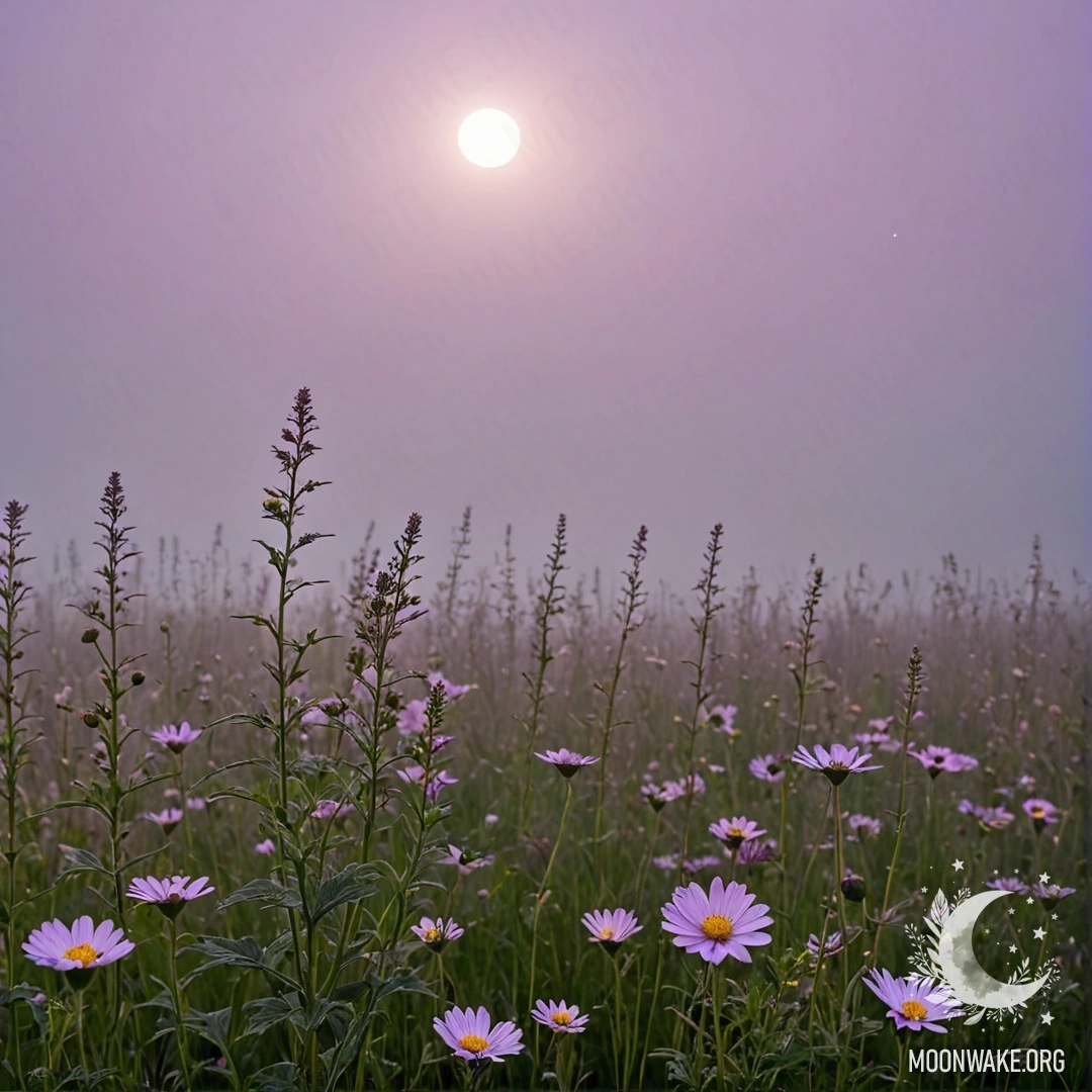 Крупный план ярких цветов на спокойном поле под розово-фиолетовым небом с видимой луной.