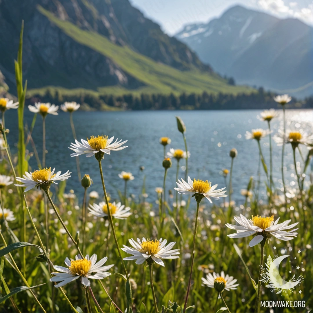 Близкий план ярких цветов на мирном поле с размытым фоном горного озера.