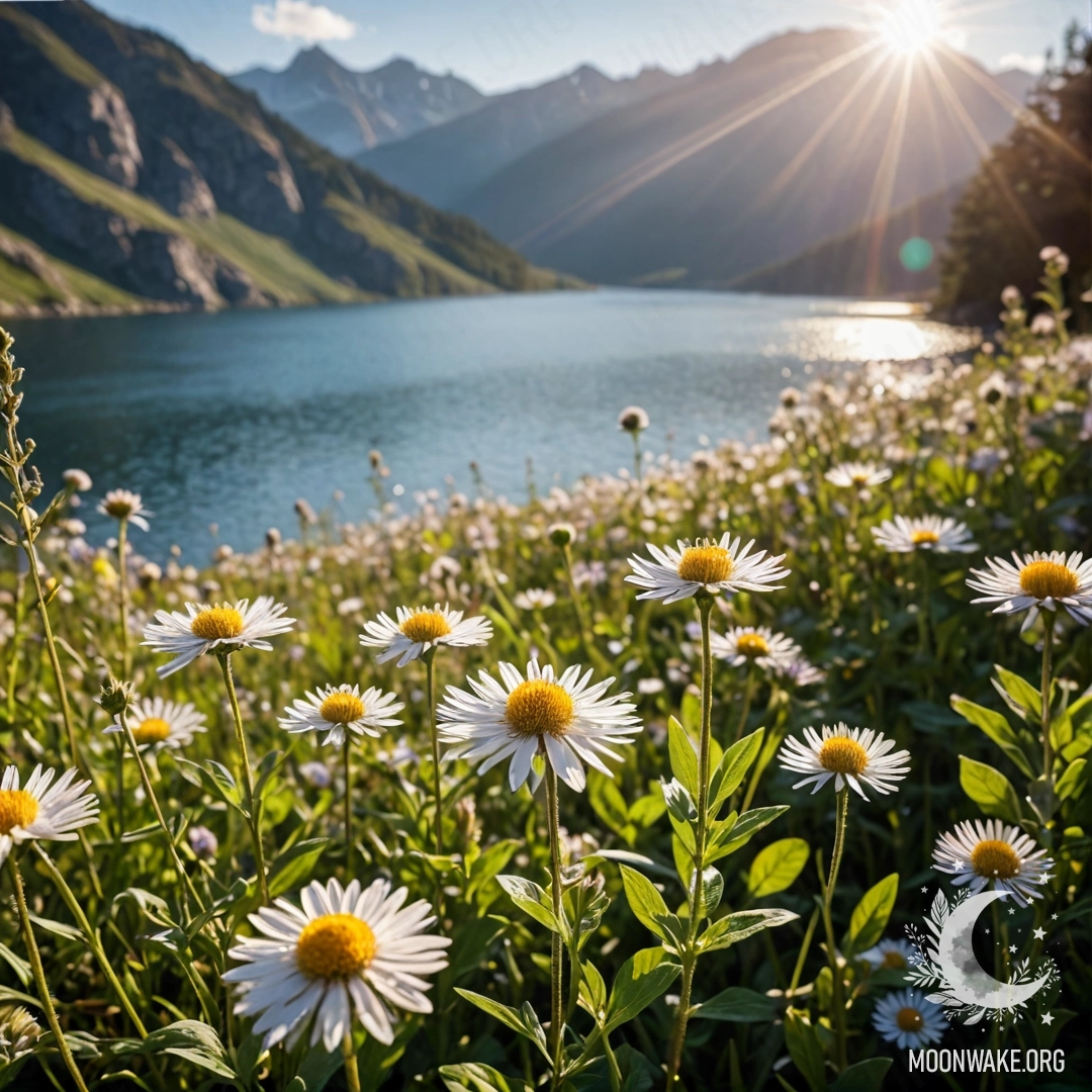 Близкий план ярких цветов на спокойном поле с размытым горным озером на заднем плане, озарённым солнечными лучами.