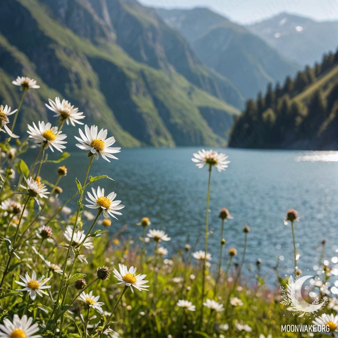 Крупный план ярких цветов на мирном поле с размытым горным озером на фоне.