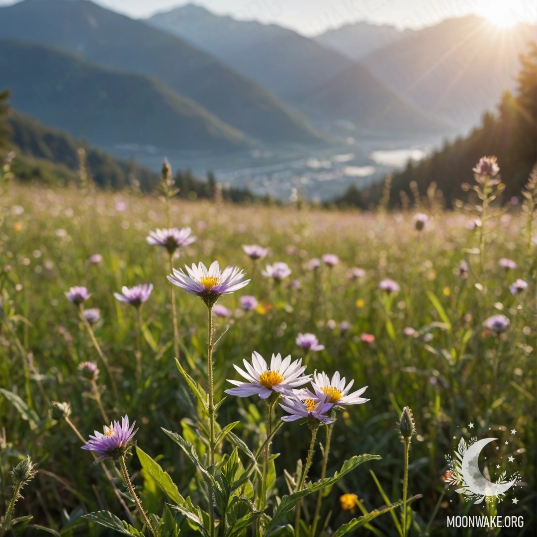Крупный план цветов на мирном поле с размытыми горами на фоне в солнечный день.