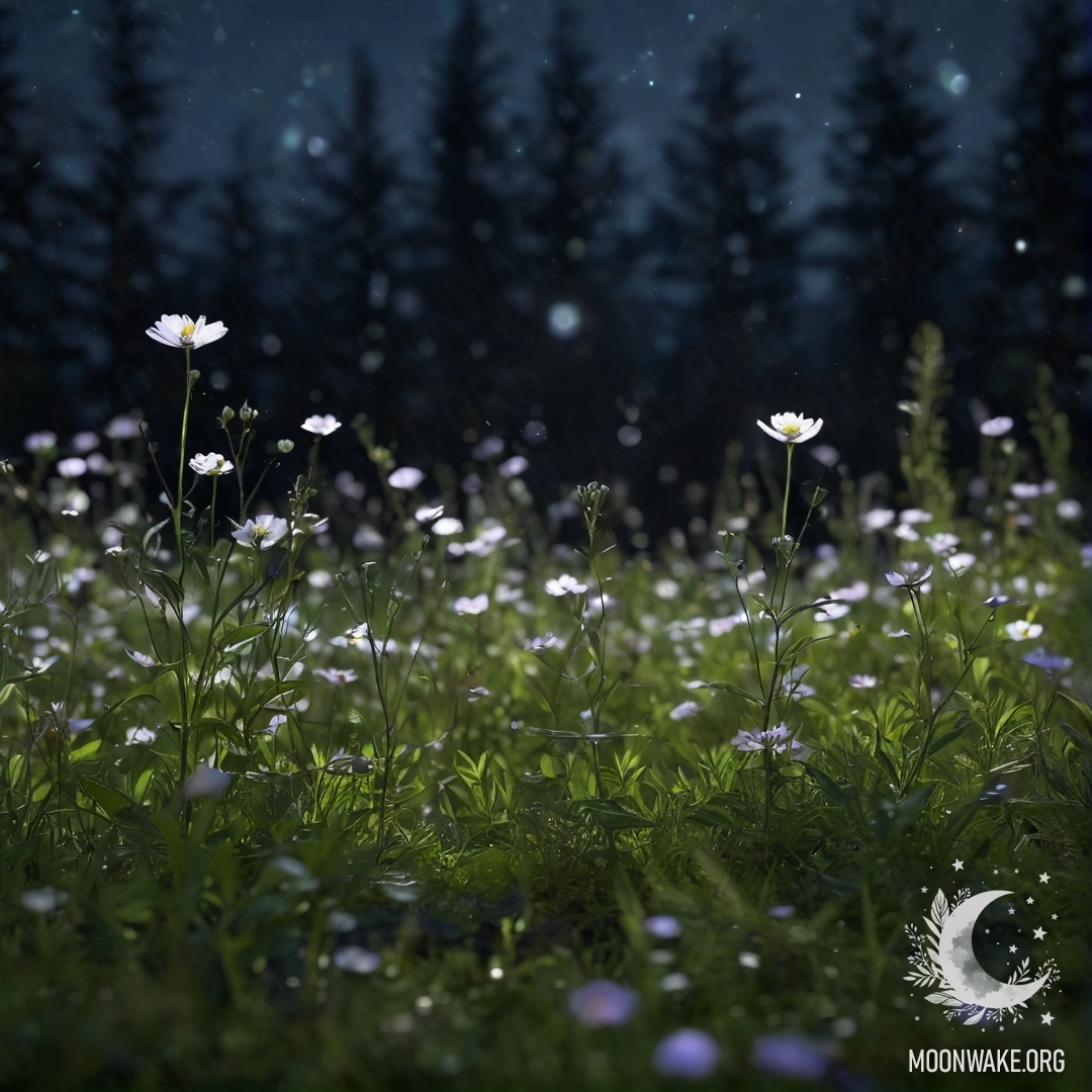 Крупный план нежных цветов на мирном поле на фоне размытого леса ночью.