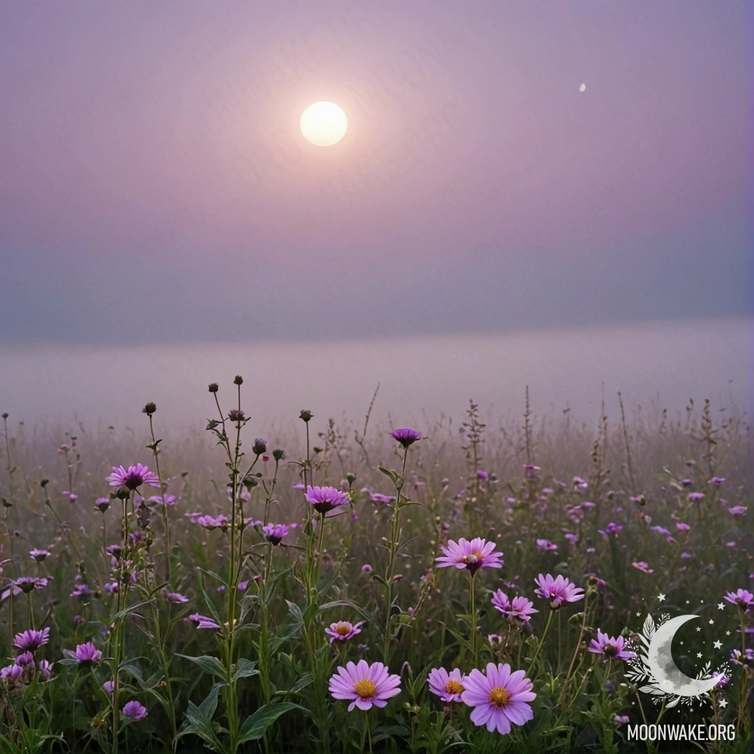 Крупный план ярких цветов на спокойном поле на фоне розовато-фиолетового неба и луны на заднем плане.