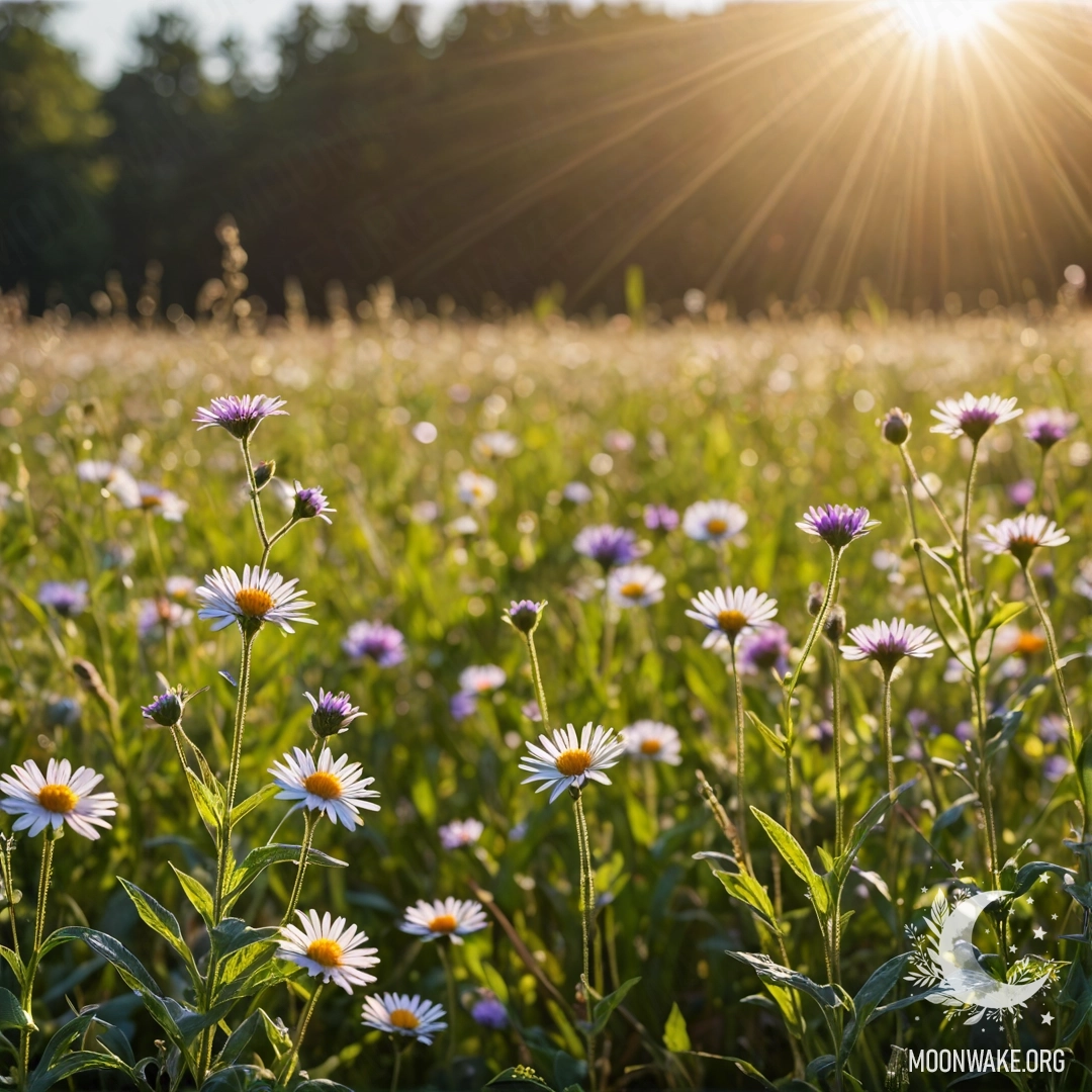 Крупный план спокойных цветов на поле, озарённых солнечными лучами с размытым фоном.