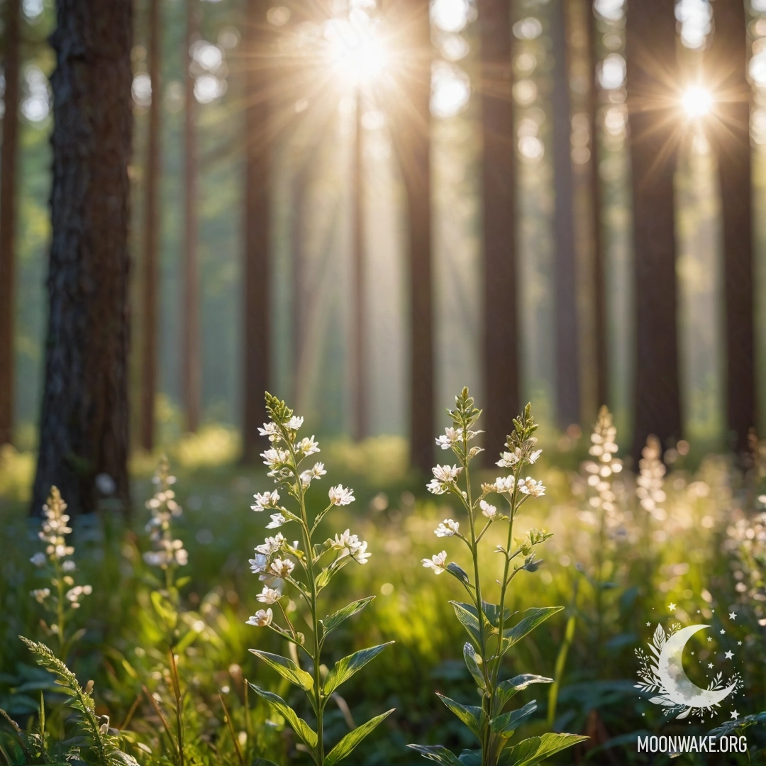 Крупный план цветов на спокойном поле с лесом и солнечными лучами.