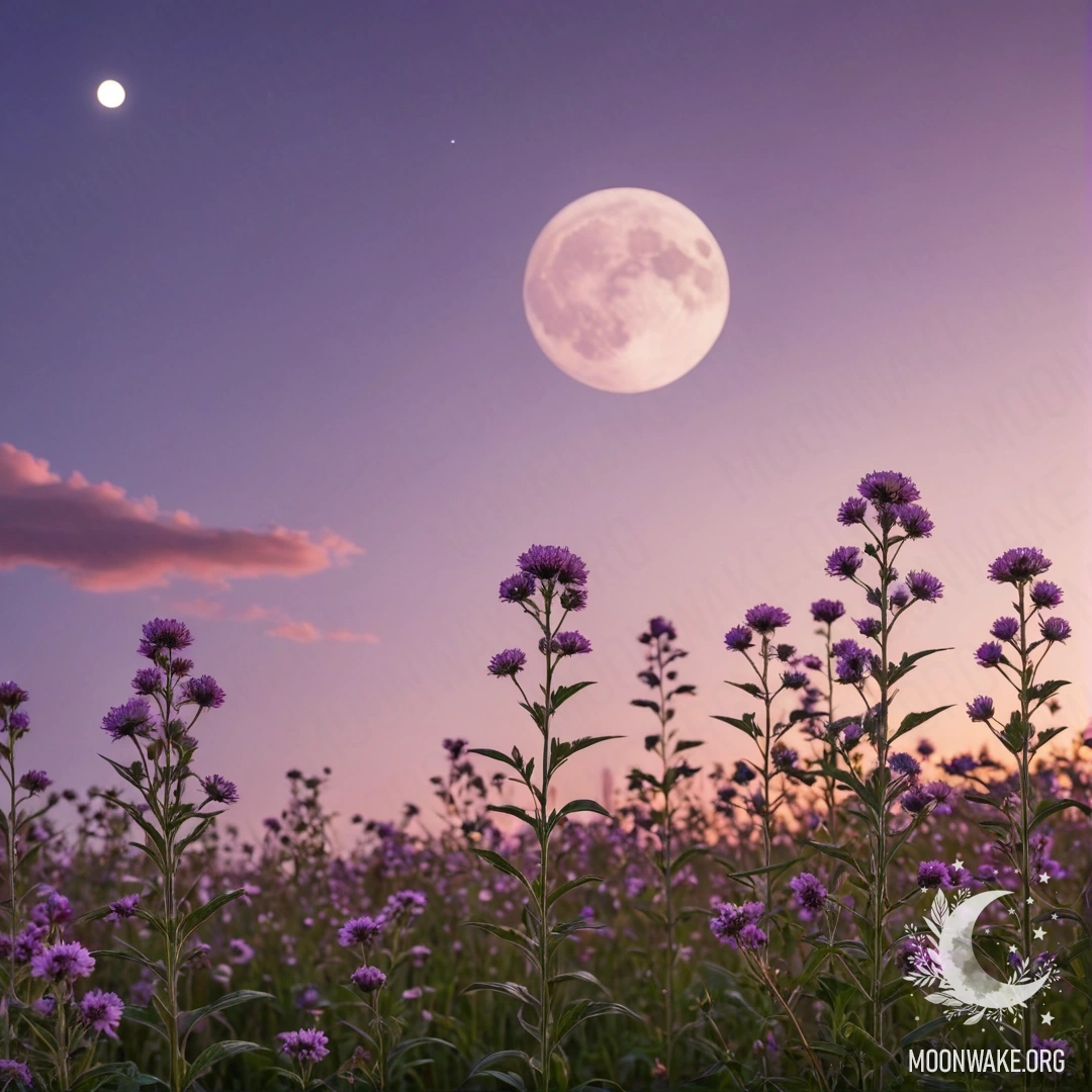 Крупный план ярких цветов на умиротворяющем поле на фоне розово-фиолетового неба с луной на закате.