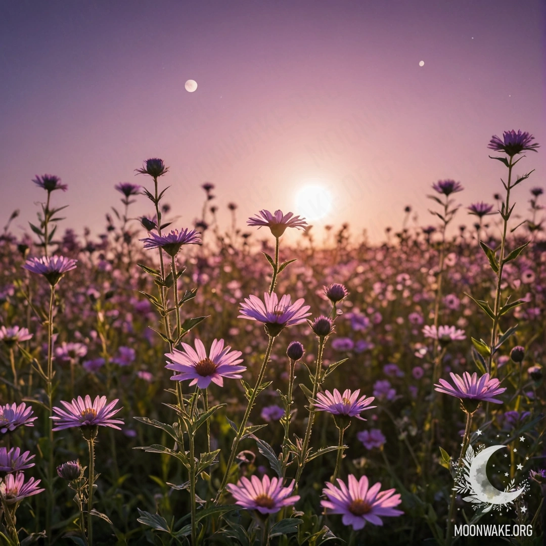 Крупный план цветных цветов на мирном поле с розово-фиолетовым небом и луной на фоне.