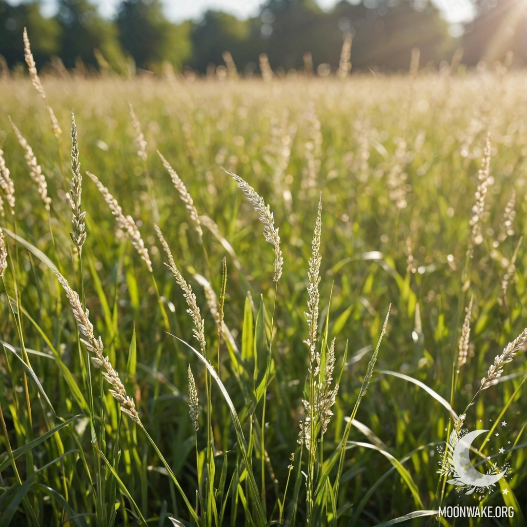 Крупный план зелёной травы с размытыми цветами на фоне в солнечный день.