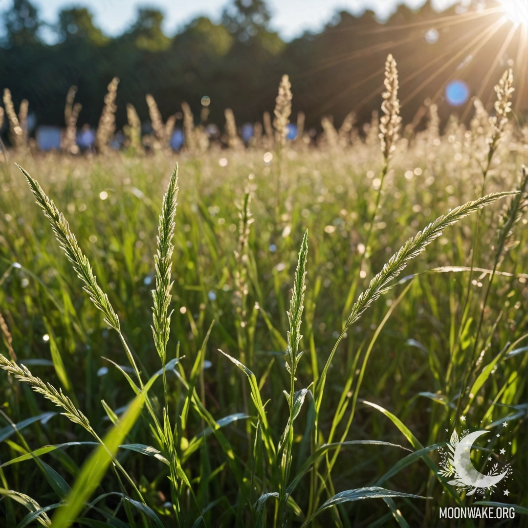 Крупный план травы на мирном поле, украшенном эффектами боке цветов и мягкими бликами света.