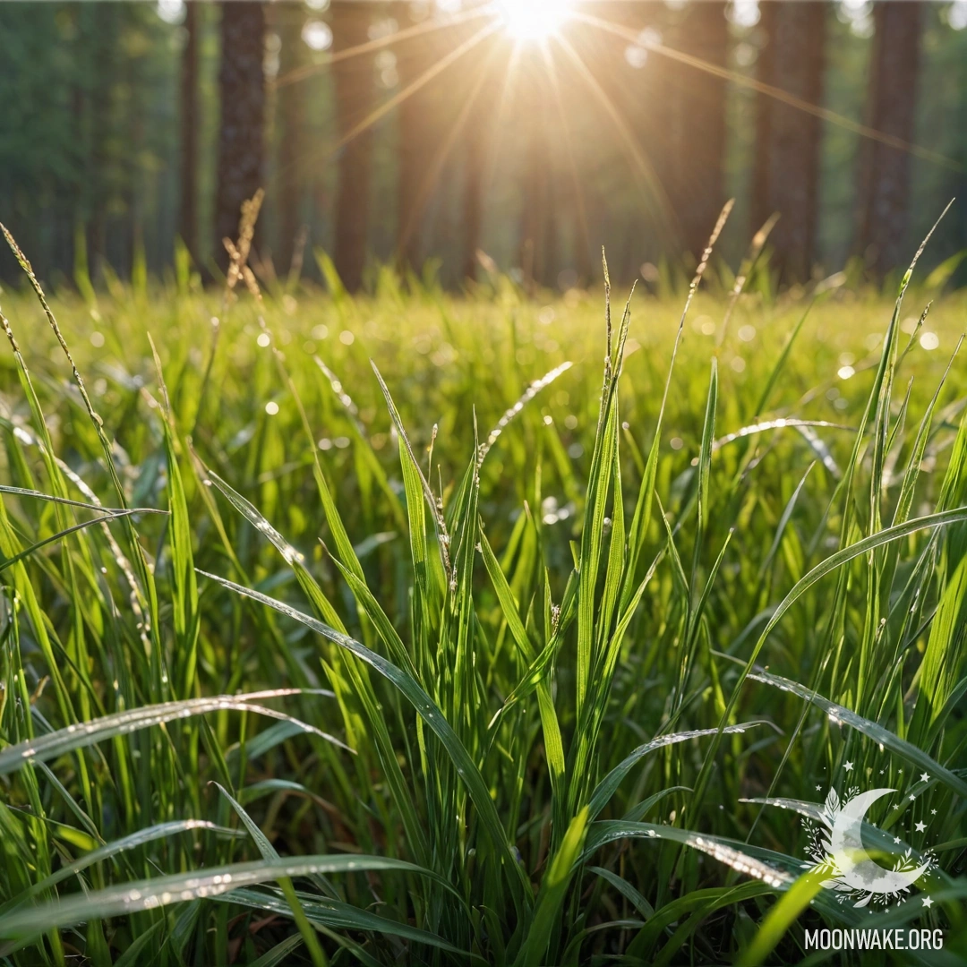 Крупный план зеленой травы на фоне размытого леса и солнечных бликов.