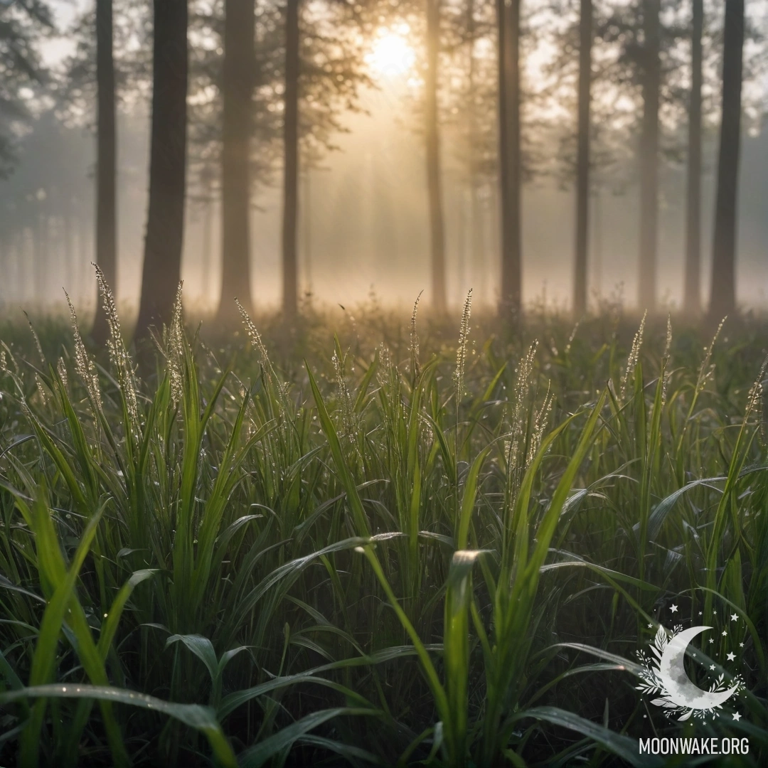 Крупный план травяного поля с мягким солнечным светом, пробивающимся сквозь туманный лес на заднем плане.