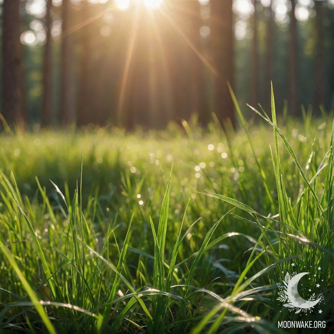 Близкий план травы на мирном поле на фоне размытого леса с красивыми солнечными бликaми.