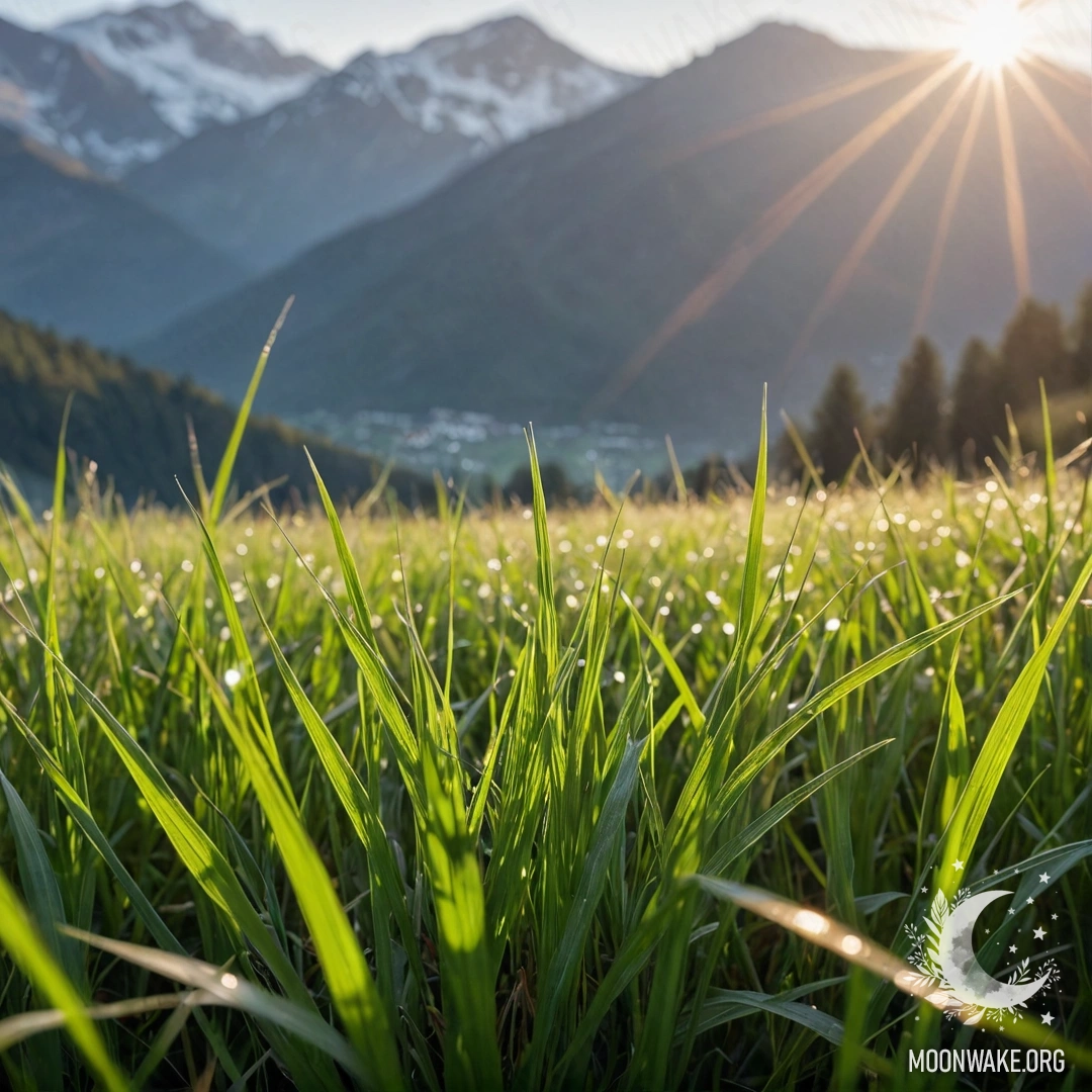 Крупный план травы на тихом поле с размытыми горами на фоне и бликами света.