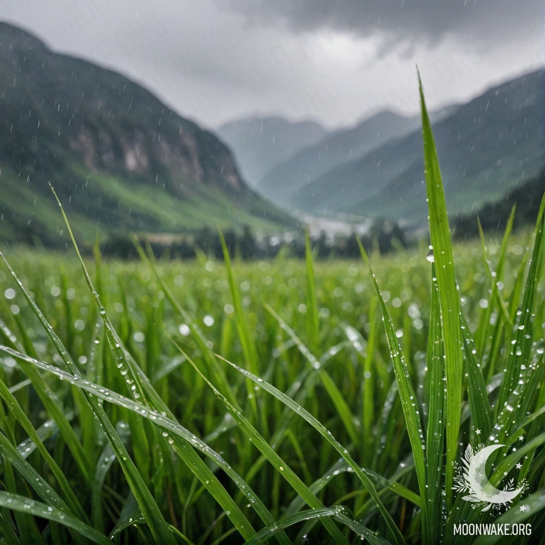 Крупный план травы на мирном поле с размытыми горами на заднем плане под дождем.