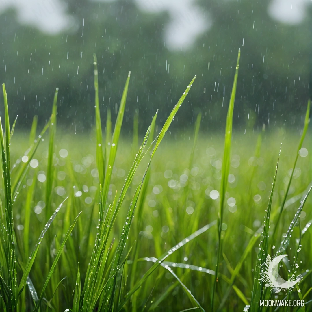 Крупный план травы на спокойном поле под размытым дождливым небом.