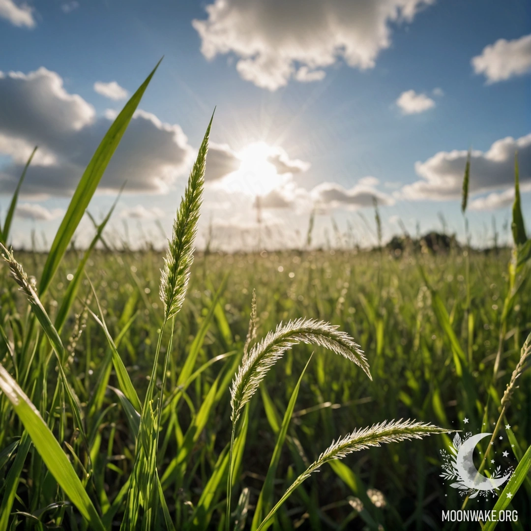 Крупный план травы на спокойном поле с боке небом, заполненным облаками, в солнечный день.