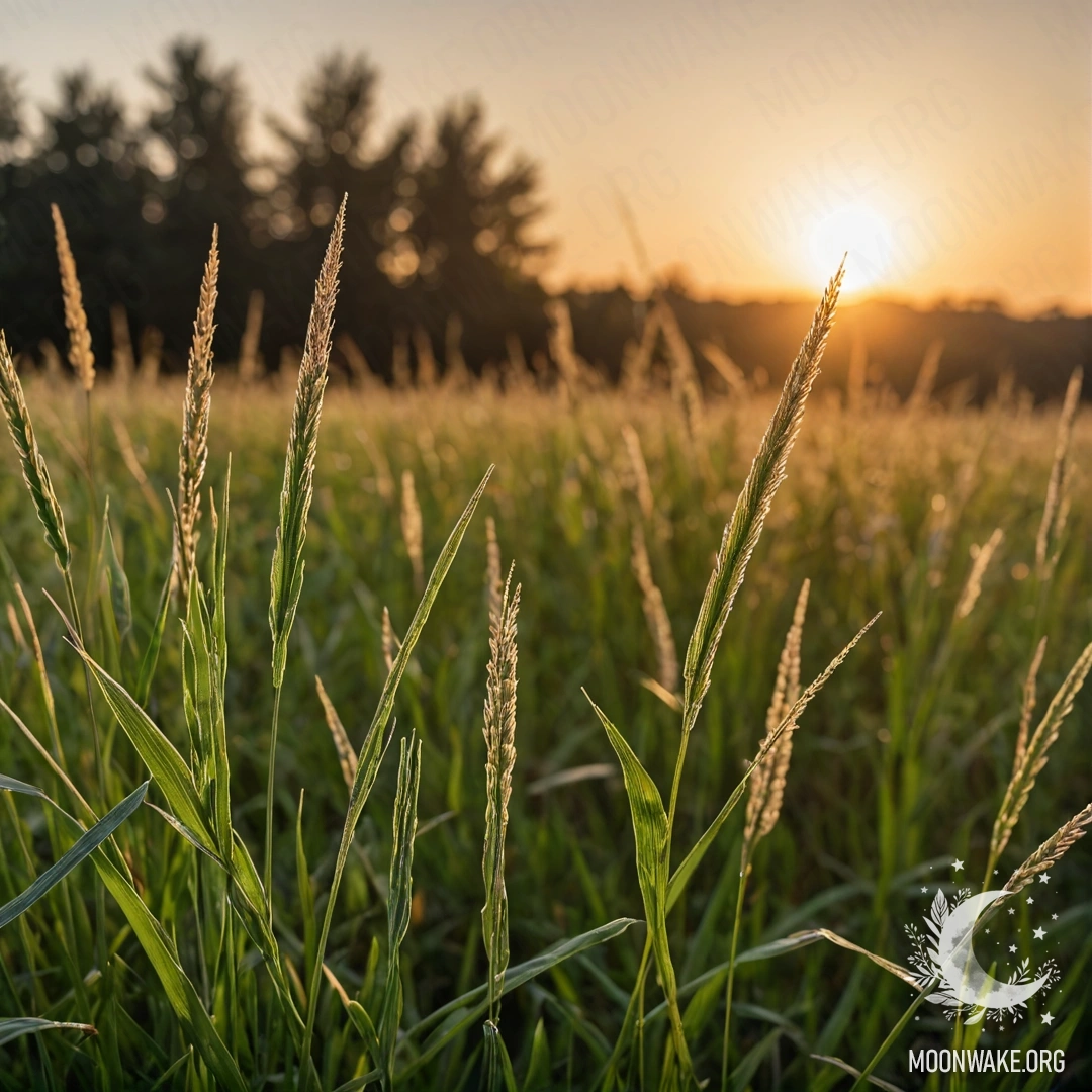 Крупный план травы на мирном поле с боке заката на фоне.