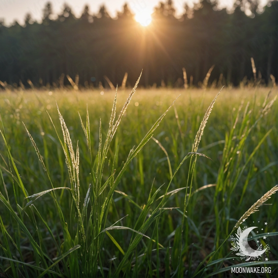 Крупный план травы на мирном поле на фоне размытого леса на закате.