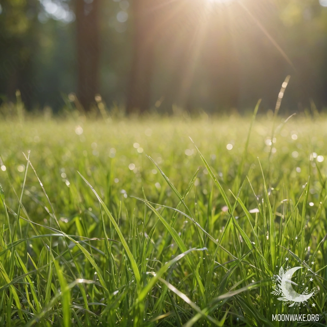 Крупный план травы на мирном поле с размытым фоном леса в солнечный день