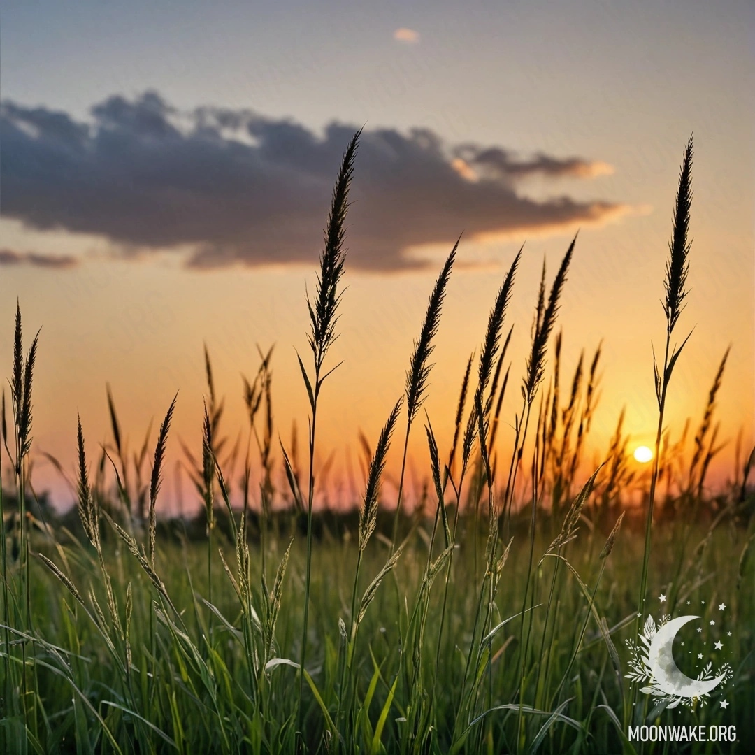 Крупный план травы на мирном поле на фоне размытого закатного неба.