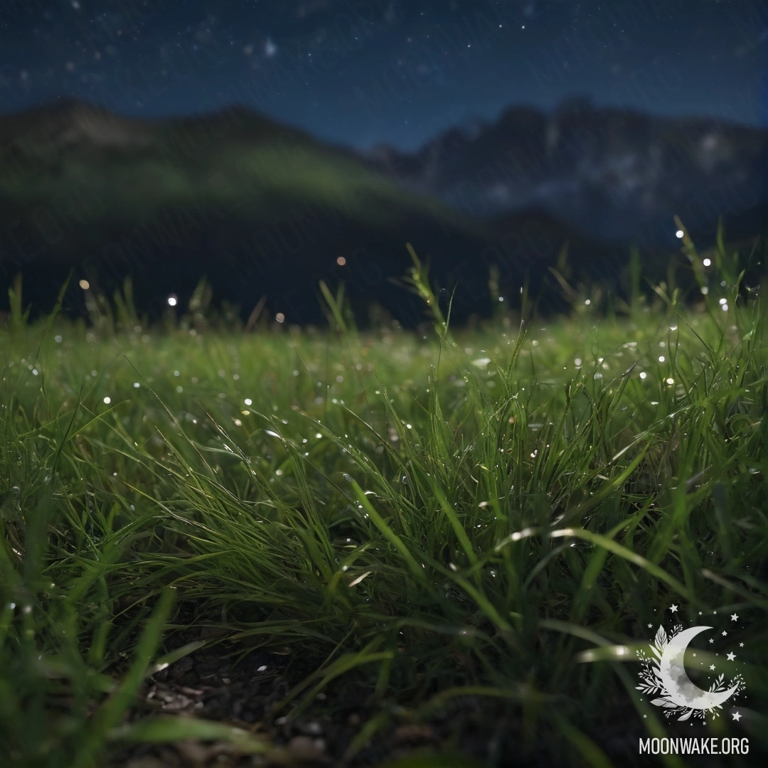 Спокойный крупный план травы на поле с расплывчатыми горами на заднем плане в ночное время.