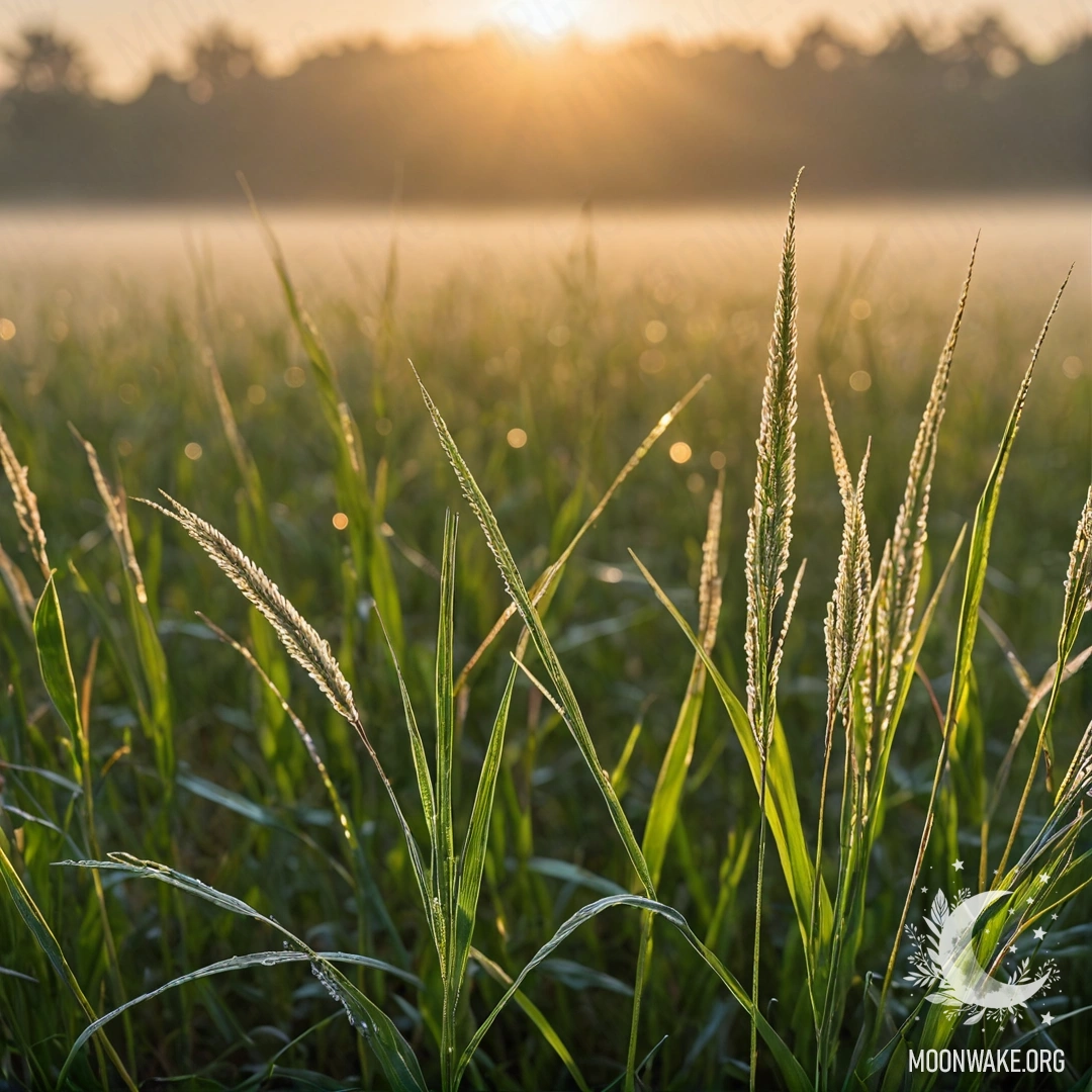 Крупный план травы на спокойном поле во время заката с туманом и боке