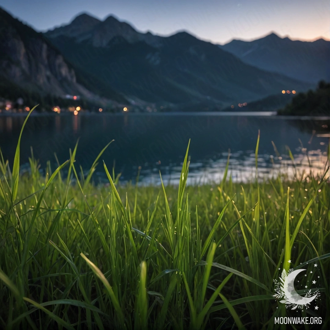 Крупный план травы на мирном поле с размытым фоном горного озера ночью.