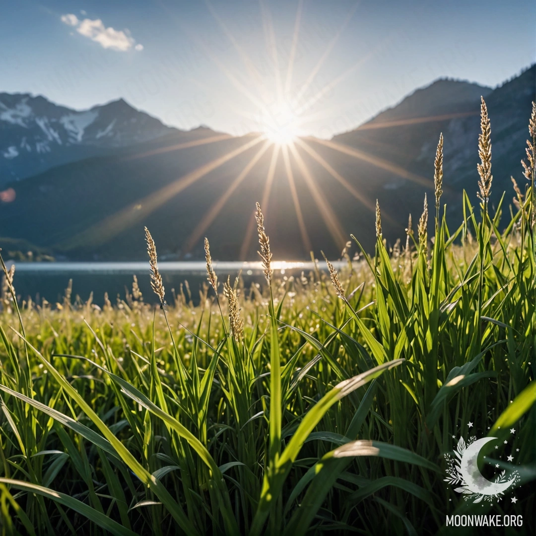 Крупный план яркой травы на фоне размытых очертаний горного озера с солнечными лучами.